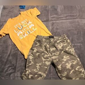 Yellow Graphic Tee and Camouflage Shorts